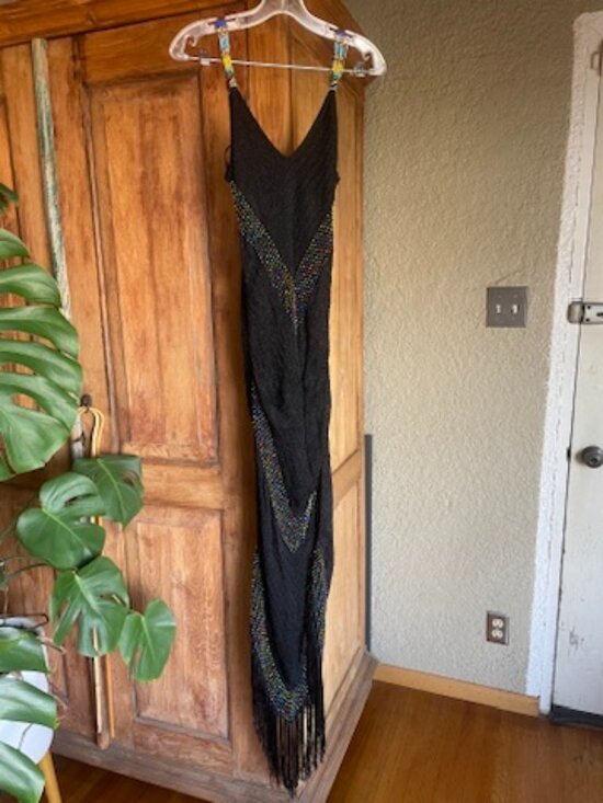Vintage Dresses & Skirts - Vintage Knit Mesh Maxi Dress with Beading and Fringe   I   Size  M